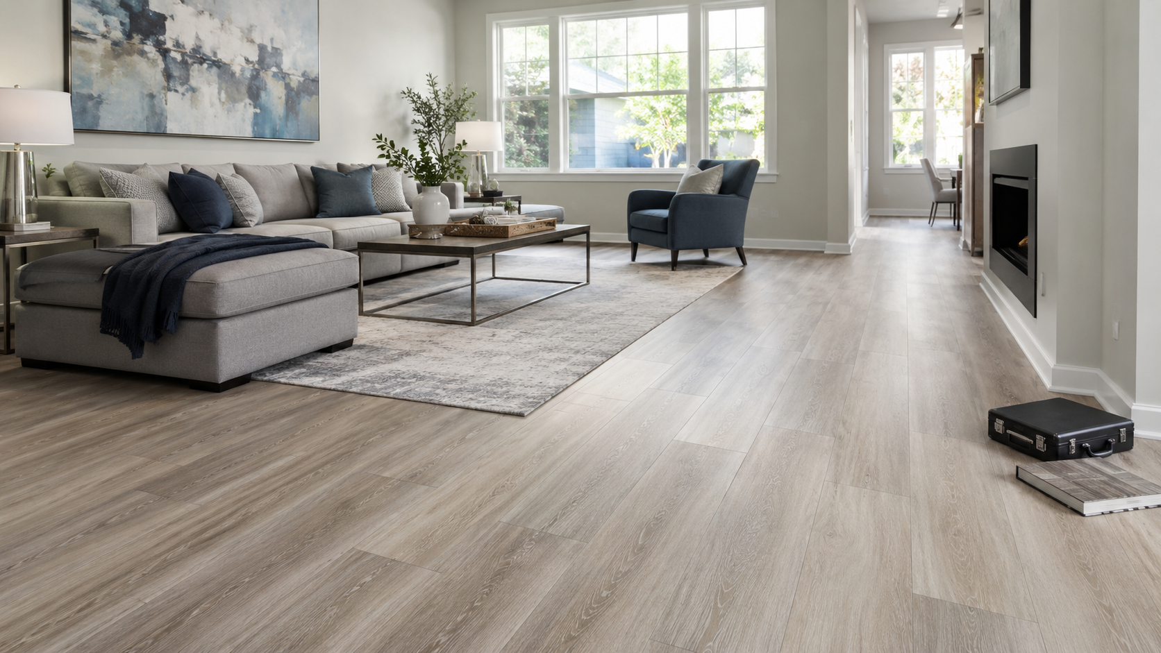Newly restored living room with professionally installed flooring